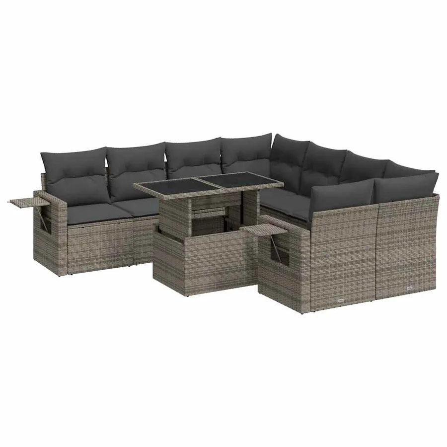 Salon de jardin 9 pcs avec coussins gris résine tressée - 2