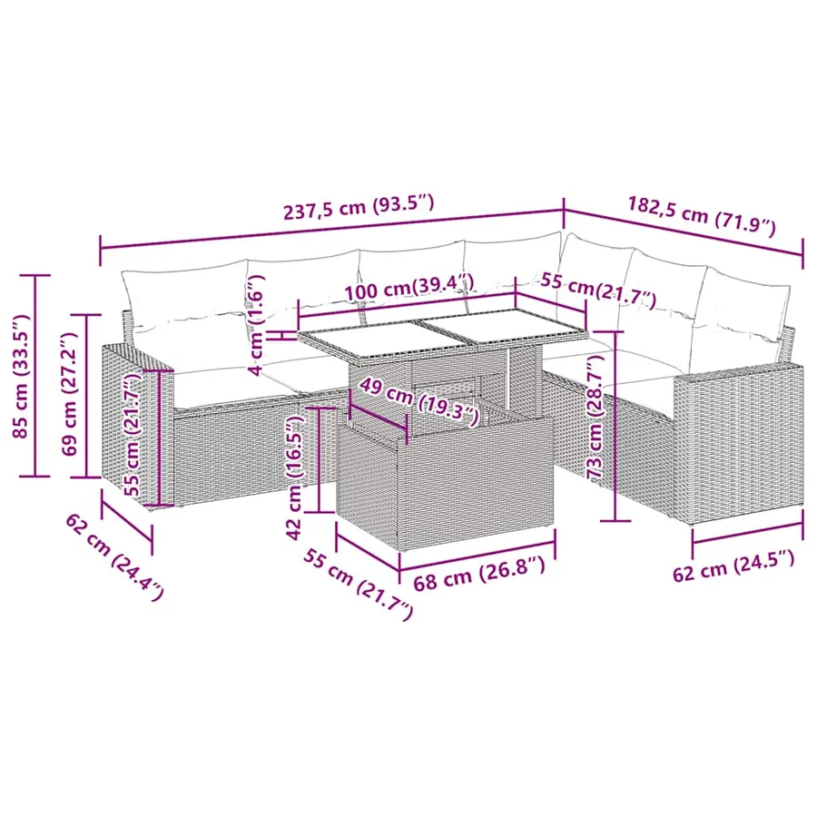 Salon de jardin avec coussins 7 pcs marron résine tressée - 14