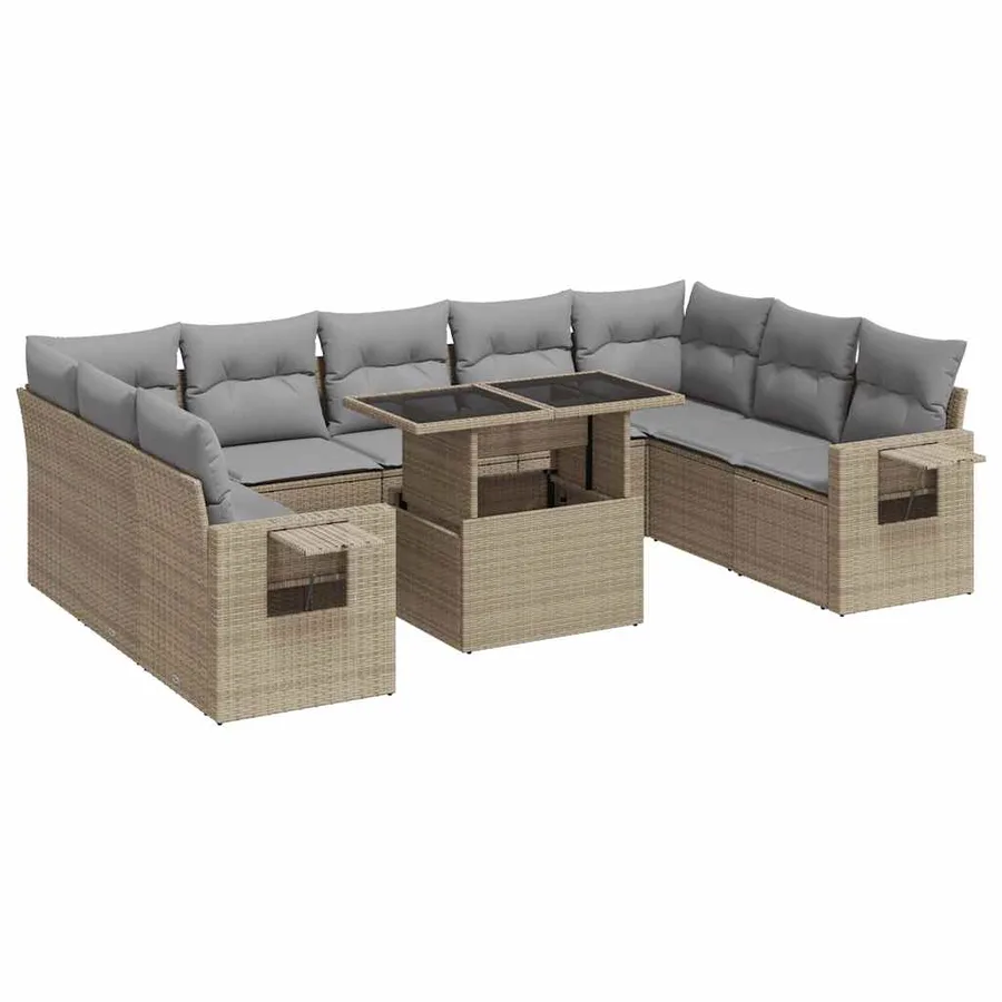 Salon de jardin avec coussins 10 pcs beige résine tressée - 2