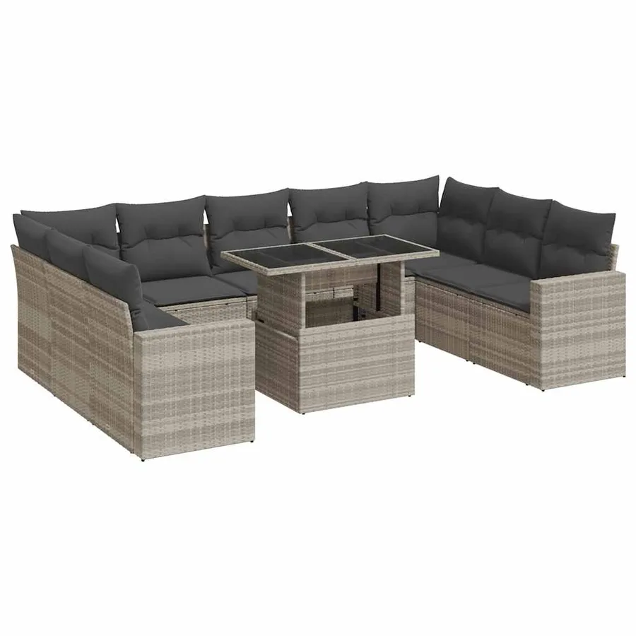 Salon de jardin avec coussins 10 pcs gris clair résine tressée - 2