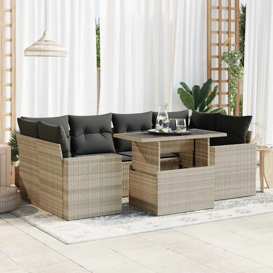 Salon de jardin avec coussins 7 pcs gris clair résine tressée