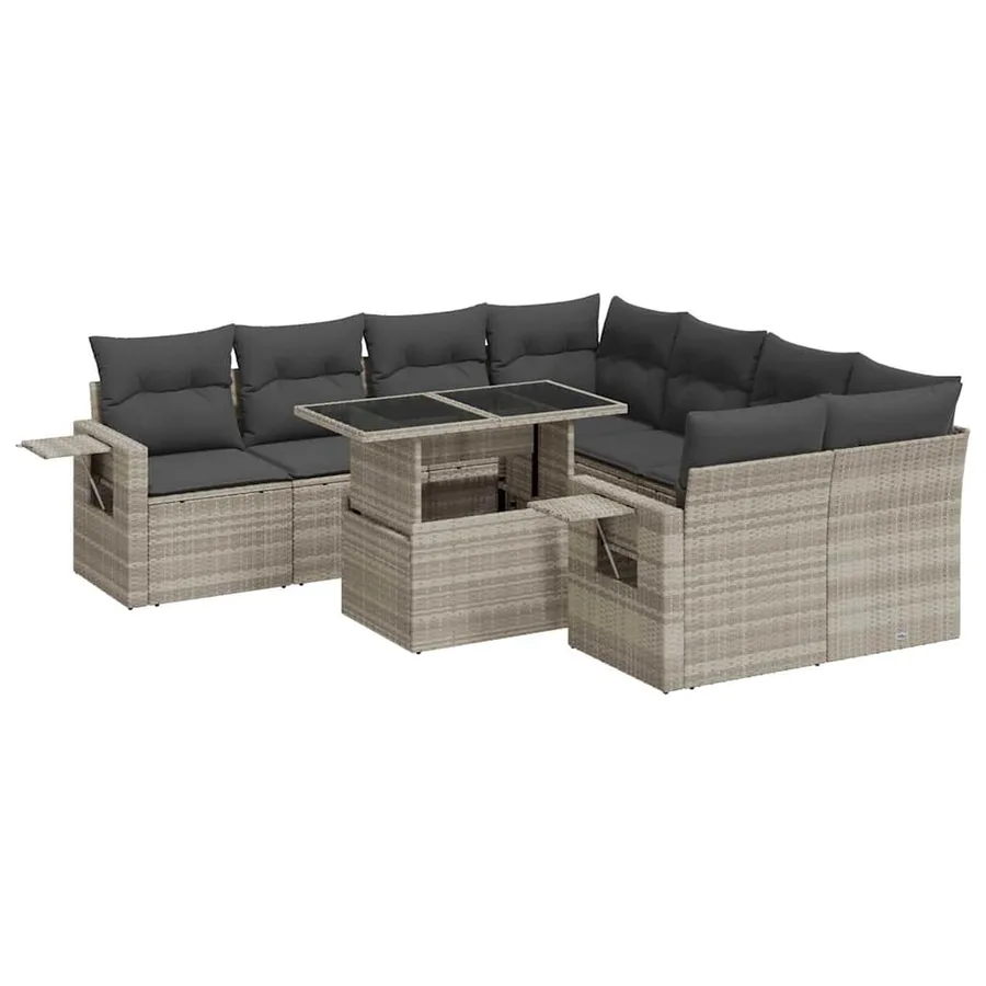 Salon de jardin 9 pcs avec coussins gris clair résine tressée - 2