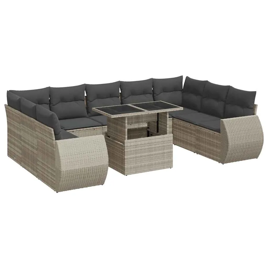 Salon de jardin avec coussins 10 pcs gris clair résine tressée - 2