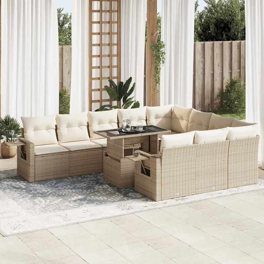 Salon de jardin 11 pcs avec coussins beige résine tressée