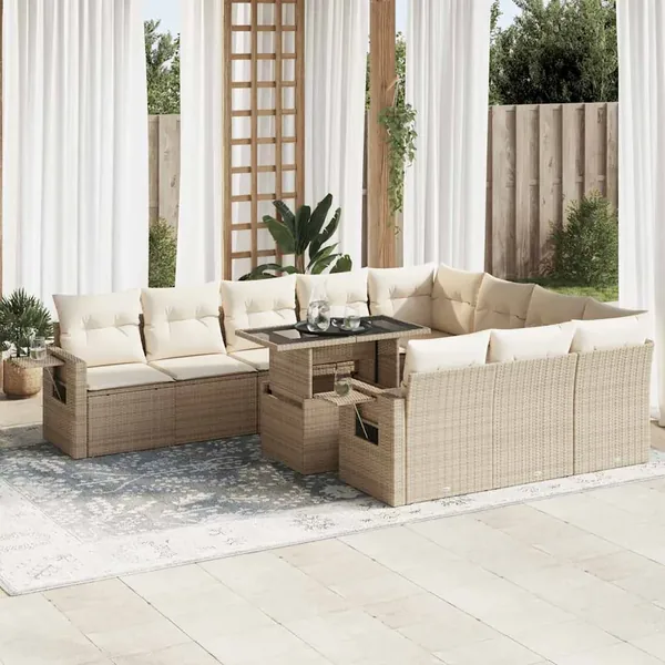Salon de jardin 11 pcs avec coussins beige résine tressée