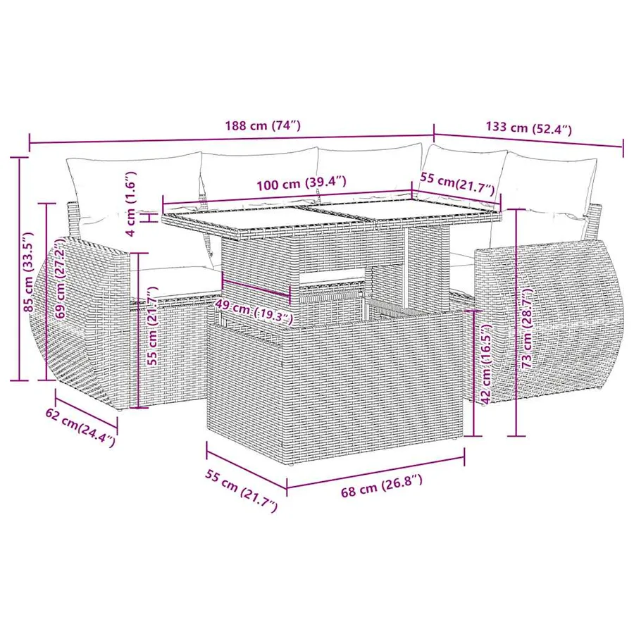 Salon de jardin 5 pcs avec coussins gris clair résine tressée - 14