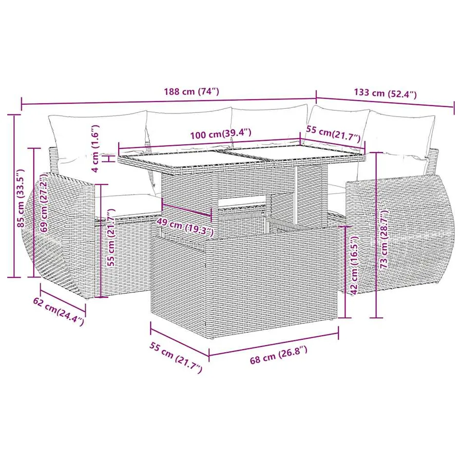 Salon de jardin 5 pcs avec coussins gris résine tressée - 14