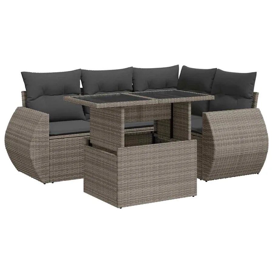 Salon de jardin 5 pcs avec coussins gris résine tressée - 2