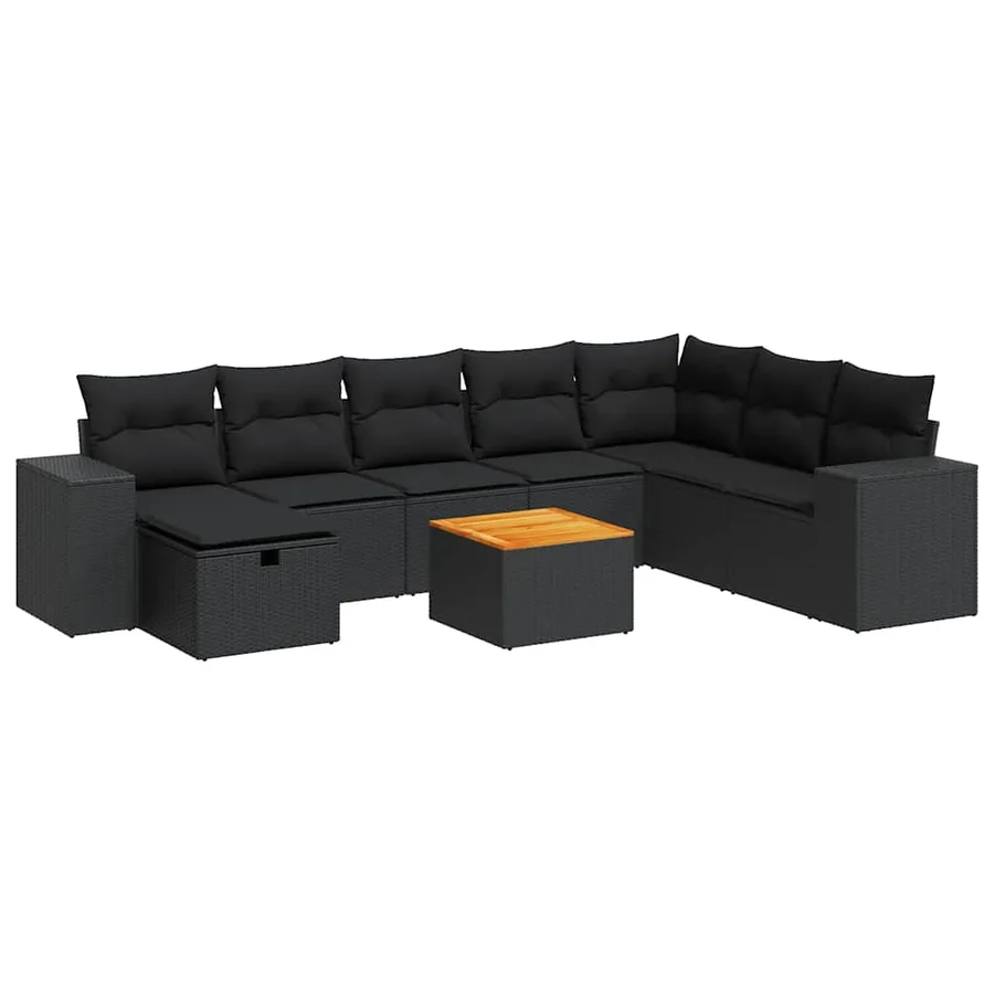 Salon de jardin 9 pcs avec coussins noir résine tressée - 2