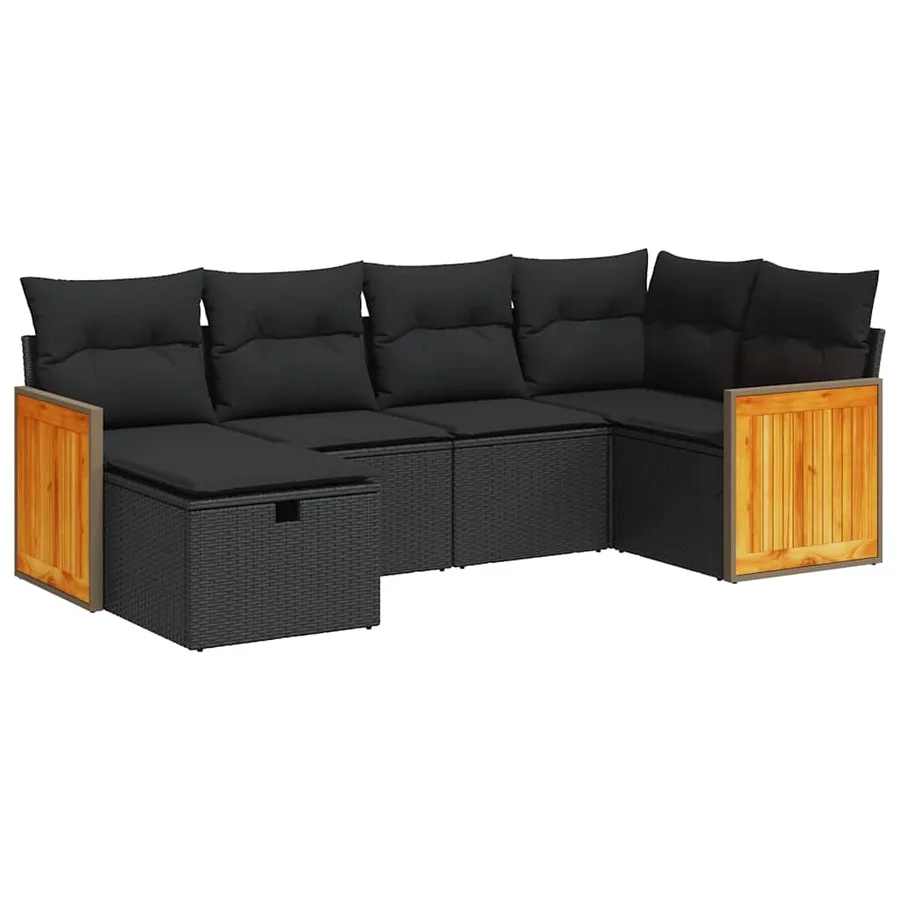 Salon de jardin 6 pcs avec coussins noir résine tressée - 2