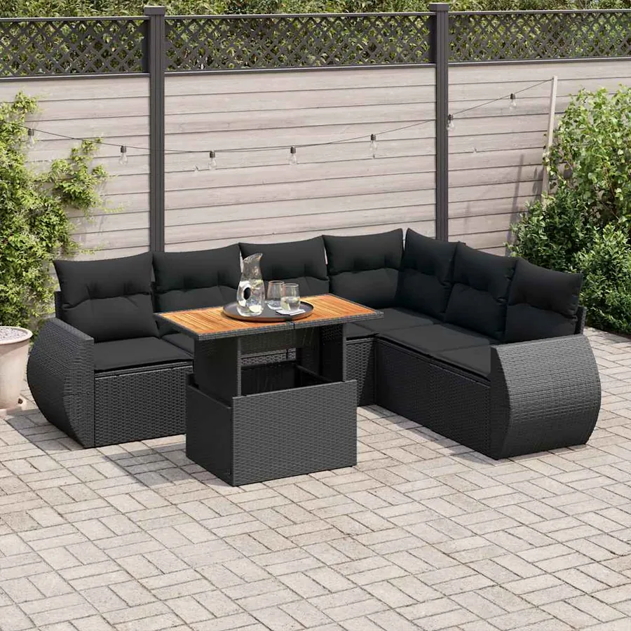 Salon de jardin 7 pcs avec coussins noir résine tressée 62 x 62 x 69 cm - 66,2 kg