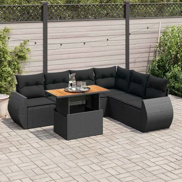 Salon de jardin 7 pcs avec coussins noir résine tressée 62 x 62 x 69 cm - 66,2 kg