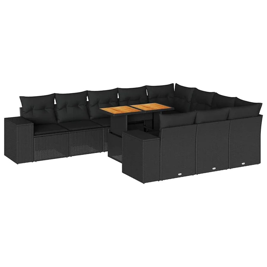Salon de jardin 10 pcs avec coussins noir résine tressée acacia - 2
