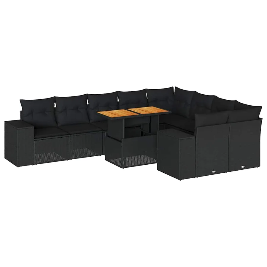 Salon de jardin 10 pcs avec coussins noir résine tressée acacia - 2