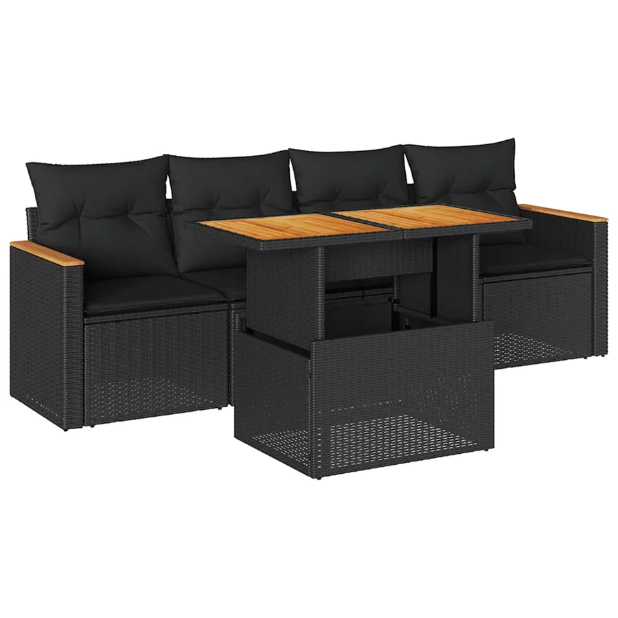Salon de jardin 5 pcs avec coussins noir résine tressée acacia - 2