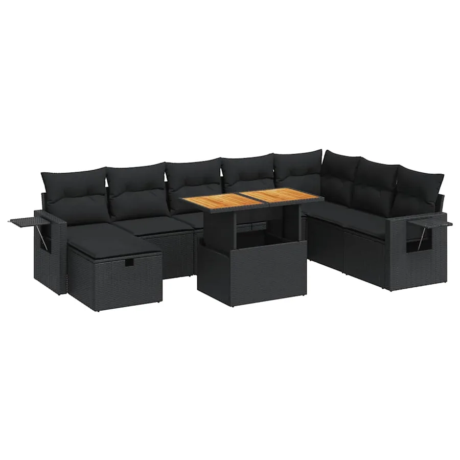 Salon de jardin avec coussins 9 pcs noir résine tressée acacia - 2