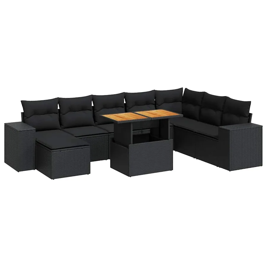Salon de jardin avec coussins 9 pcs noir résine tressée acacia - 2