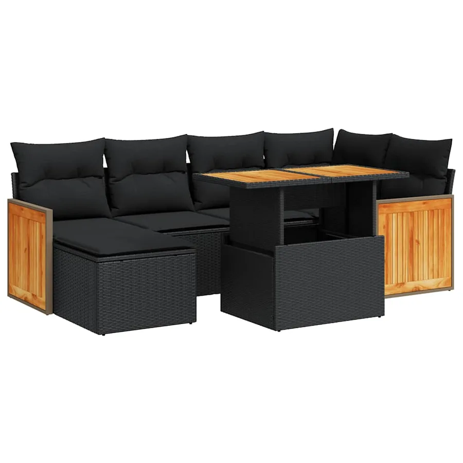 Salon de jardin avec coussins 7 pcs noir résine tressée acacia - 2