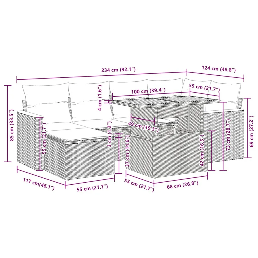Salon de jardin avec coussins 7 pcs noir résine tressée acacia - 15