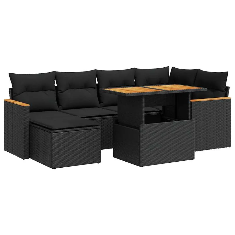 Salon de jardin avec coussins 7 pcs noir résine tressée acacia - 2
