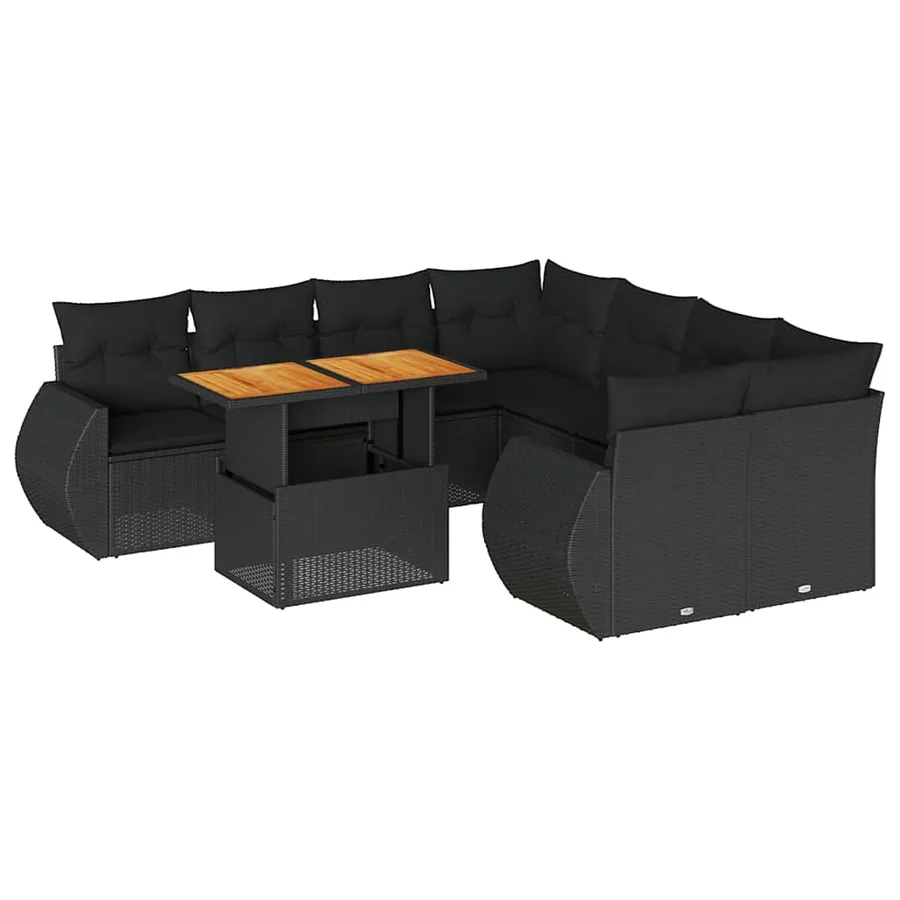 Salon de jardin 9 pcs avec coussins noir résine tressée - 2