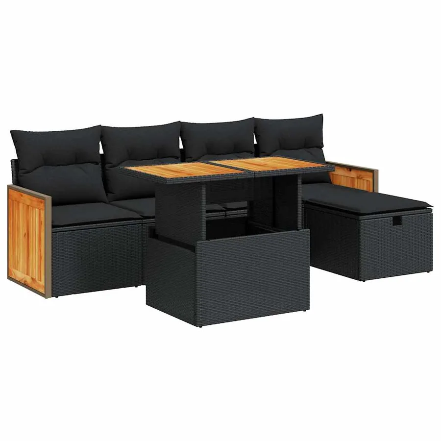 Salon de jardin 6 pcs avec coussins noir résine tressée - 2