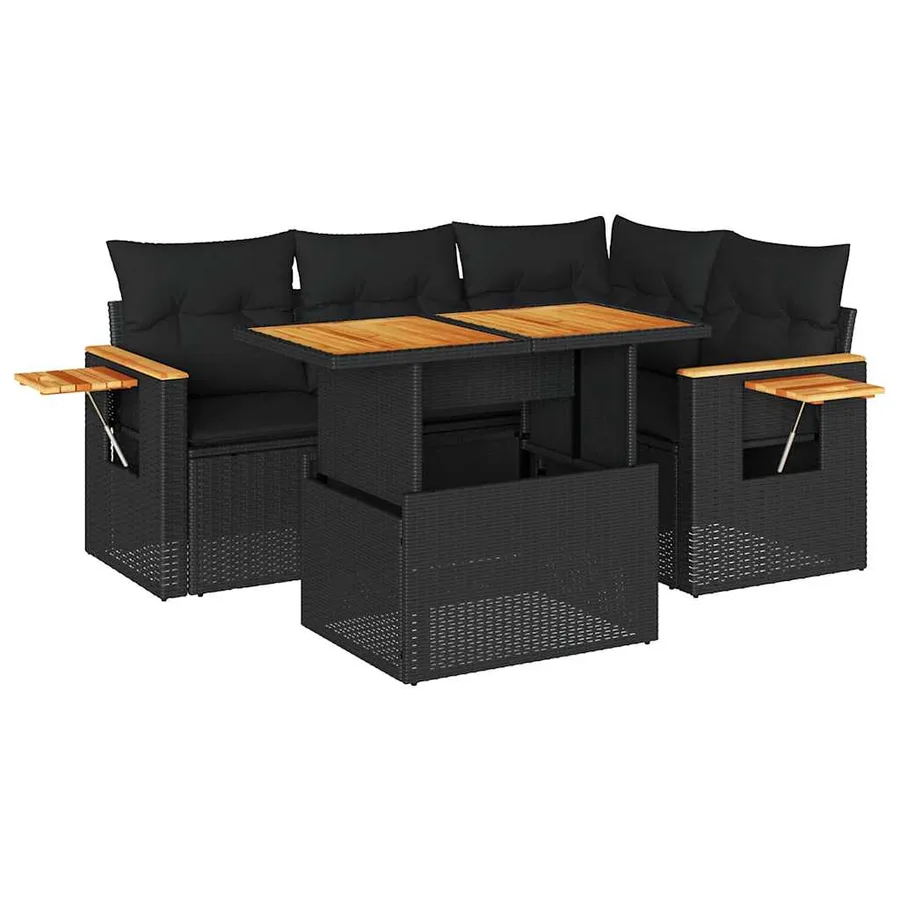 Salon de jardin 5 pcs avec coussins noir résine tressée acacia - 2