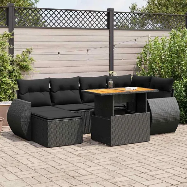 Salon de jardin 7 pcs avec coussins noir résine tressée 62 x 62 x 69 cm - 64,6 kg