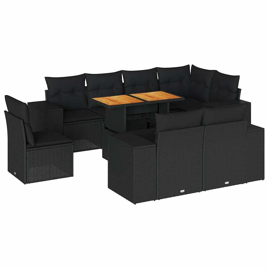 Salon de jardin 9 pcs avec coussins noir résine tressée - 2