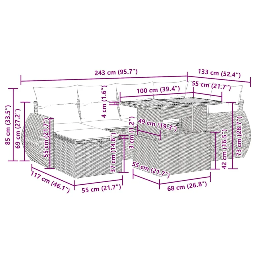 Salon de jardin avec coussins 8 pcs noir résine tressée acacia - 17