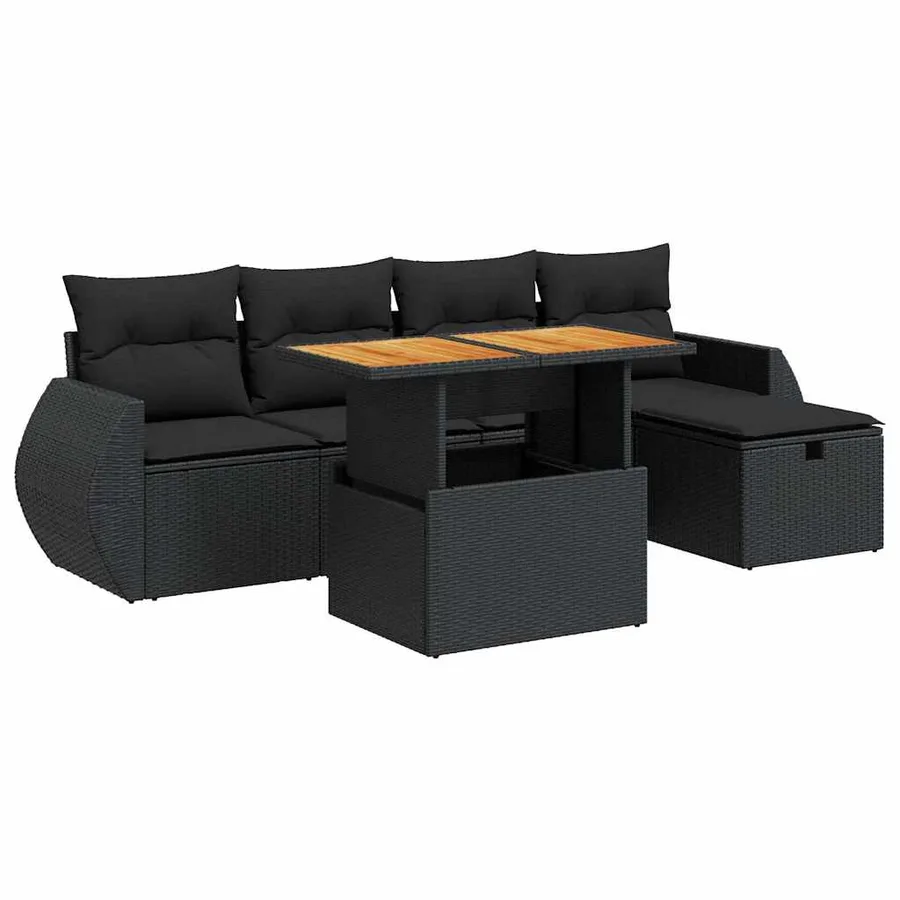 Salon de jardin 6 pcs avec coussins noir résine tressée acacia - 2