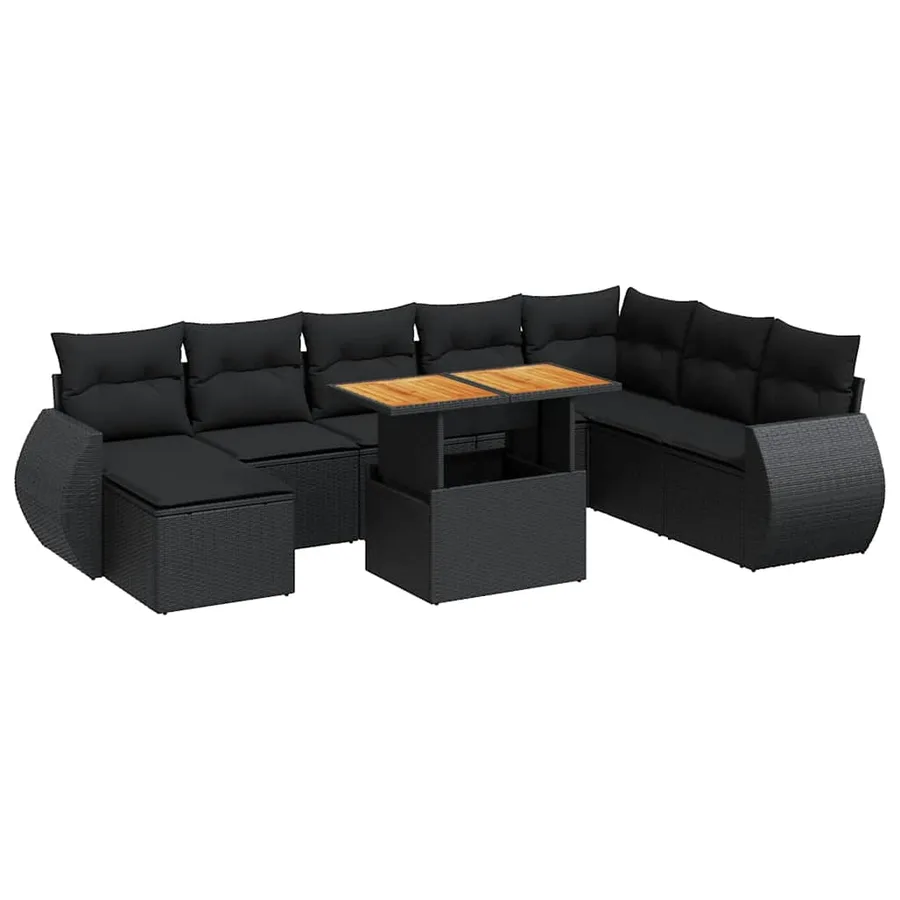Salon de jardin 9 pcs avec coussins noir résine tressée - 2