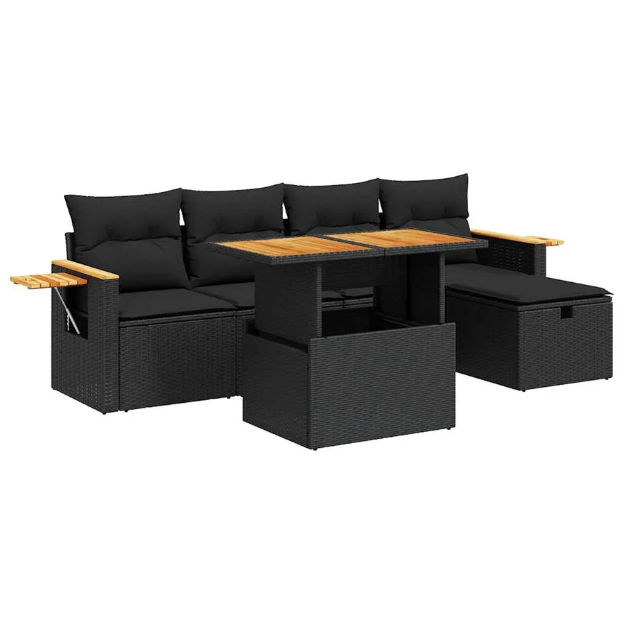 Salon de jardin 6 pcs avec coussins noir résine tressée - 2