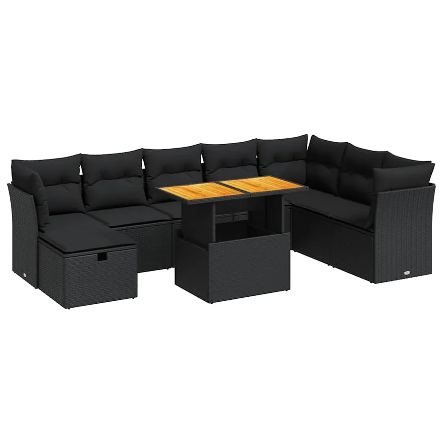 Salon de jardin avec coussins 9 pcs noir résine tressée acacia - 2