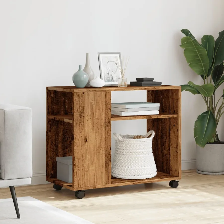 Table d'appoint avec roues vieux bois bois d'ingénierie - 3