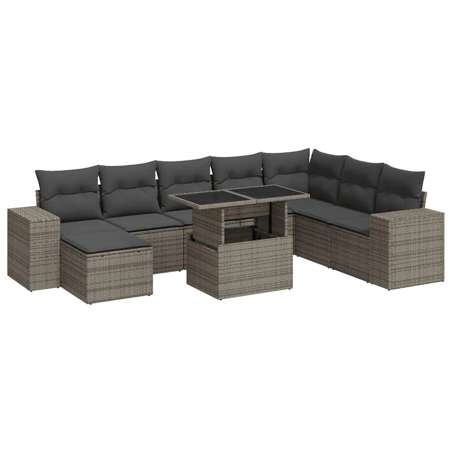 Salon de jardin 9 pcs avec coussins gris résine tressée - 2