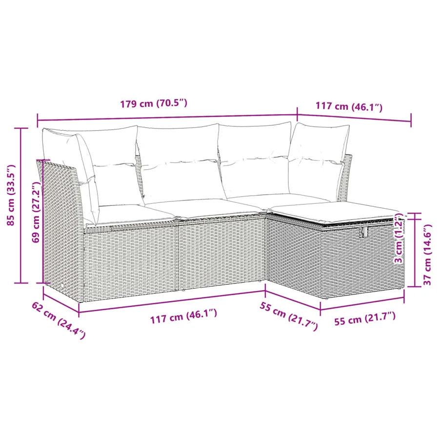 Salon de jardin 4 pcs avec coussins noir résine tressée - 11