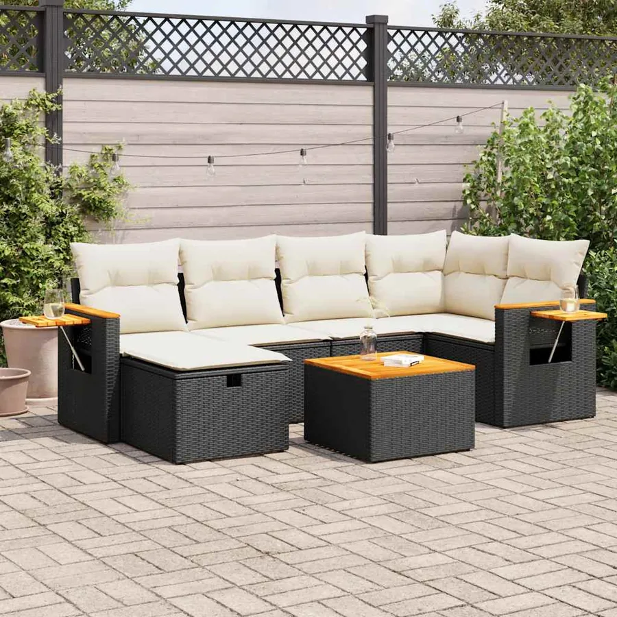 Salon de jardin 7 pcs avec coussins noir résine tressée 55 x 62 x 69 cm - 61,6 kg