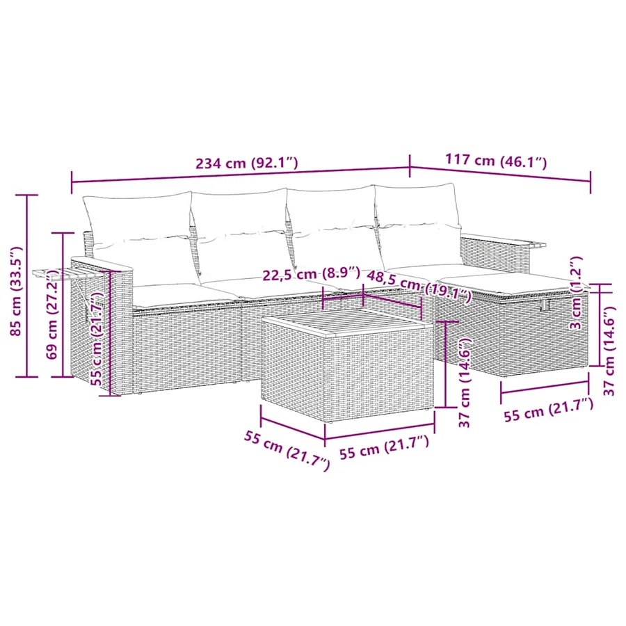 Salon de jardin 6 pcs avec coussins noir résine tressée - 14