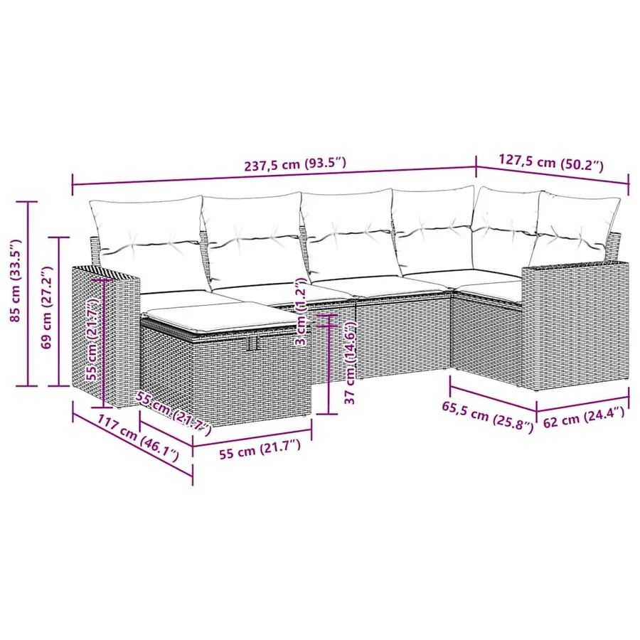 Salon de jardin 6 pcs avec coussins noir résine tressée - 14