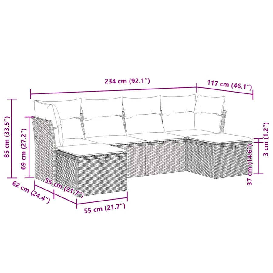 Salon de jardin 6 pcs avec coussins noir résine tressée - 11