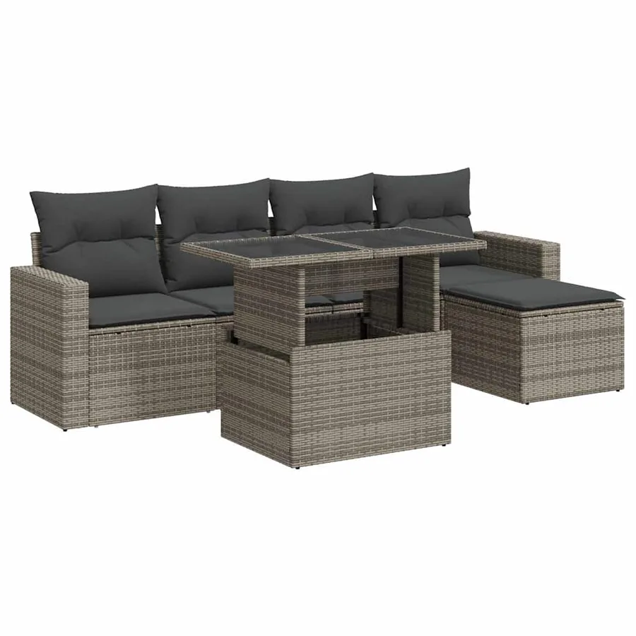 Salon de jardin 6 pcs avec coussins gris résine tressée - 2