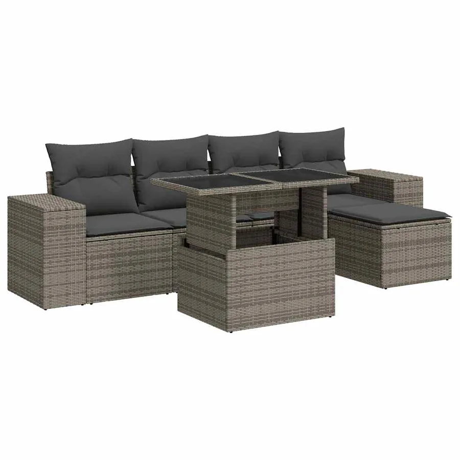 Salon de jardin 6 pcs avec coussins gris résine tressée - 2
