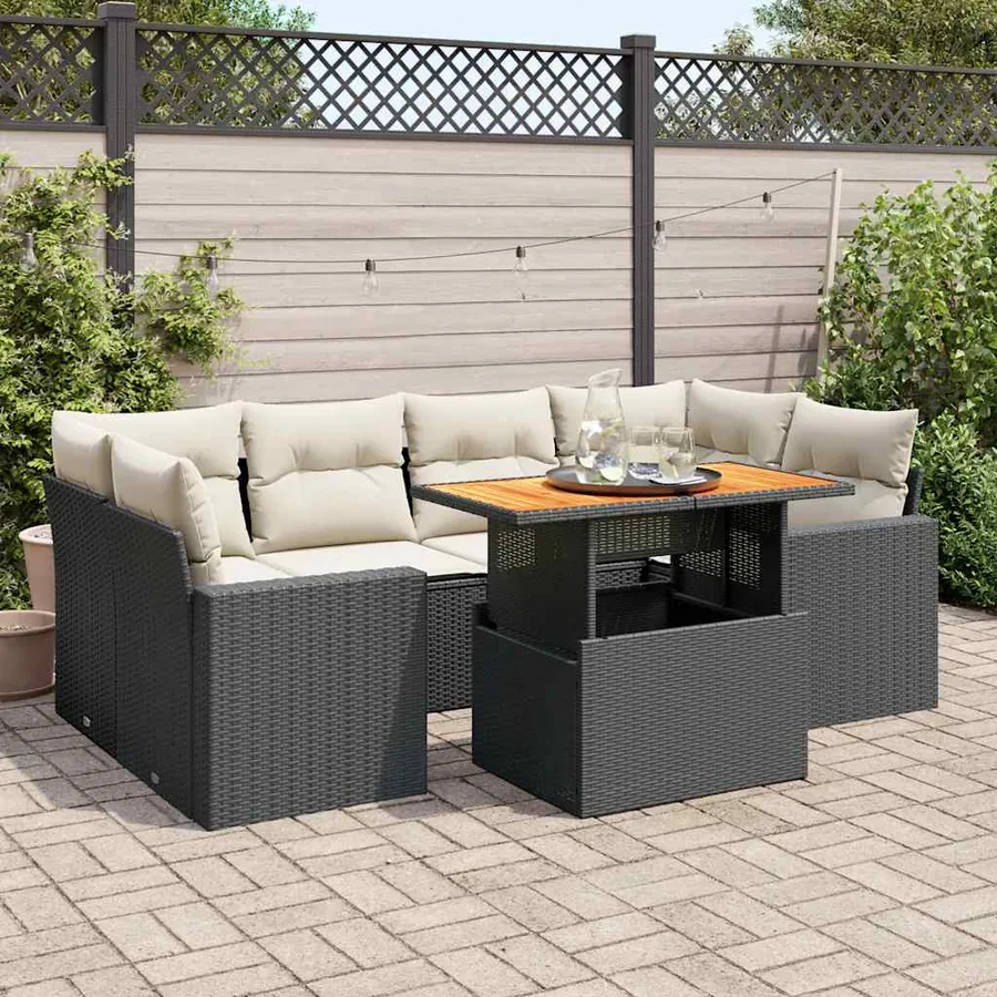 Salon de jardin 7 pcs avec coussins noir résine tressée 62 x 62 x 69 cm - 68,7 kg