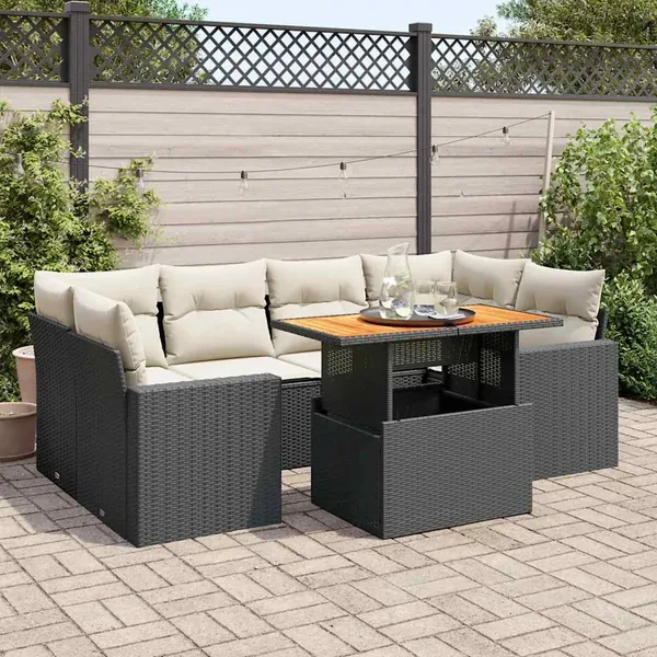Salon de jardin 7 pcs avec coussins noir résine tressée 62 x 62 x 69 cm - 68,7 kg