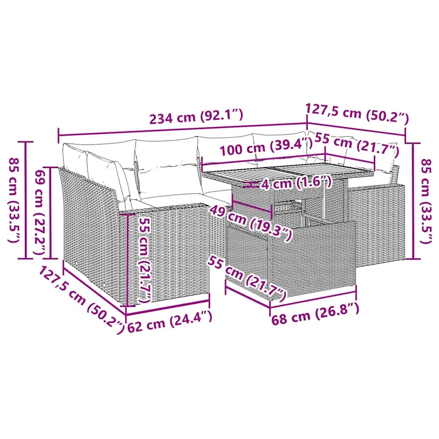 Salon de jardin 7 pcs avec coussins noir résine tressée 62 x 62 x 69 cm - 68,7 kg - 14