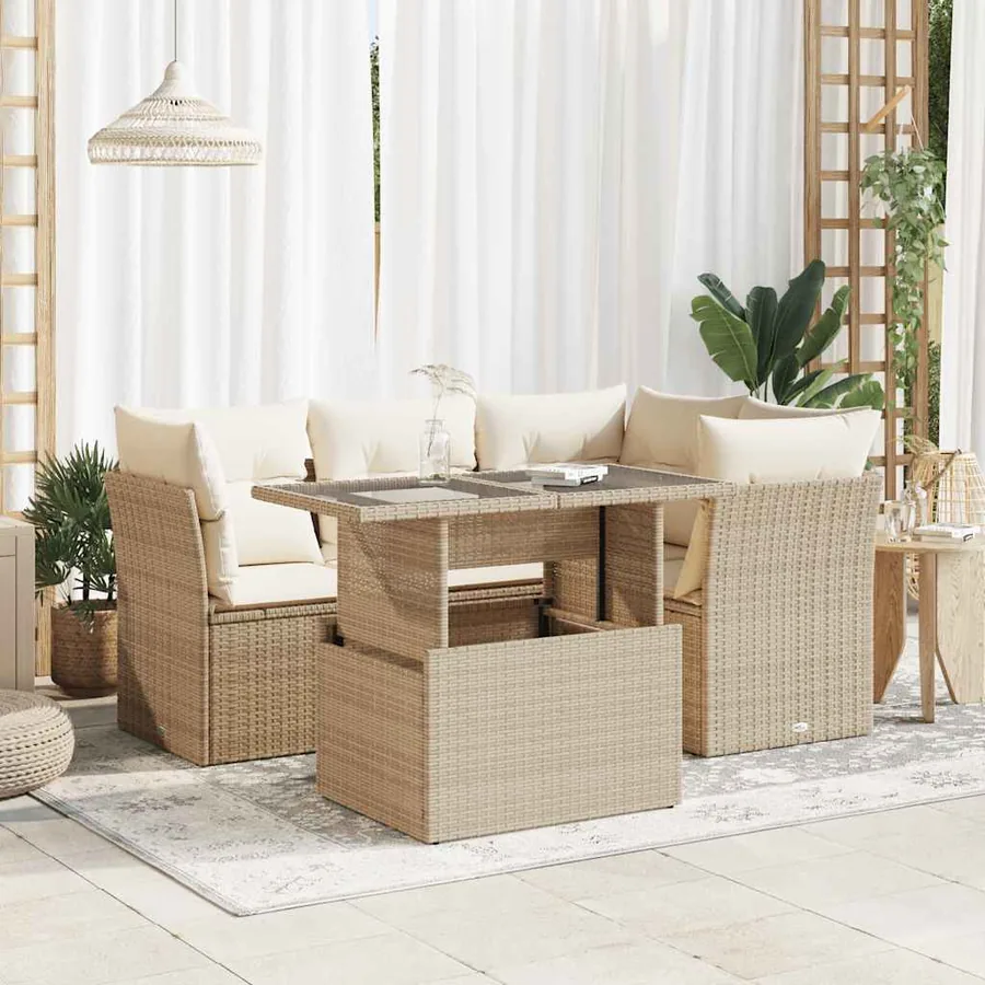 Salon de jardin avec coussins 5 pcs beige résine tressée