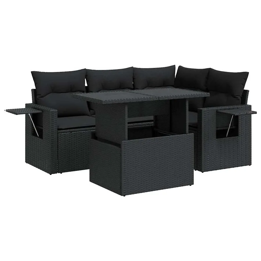Salon de jardin 5 pcs avec coussins noir résine tressée - 2