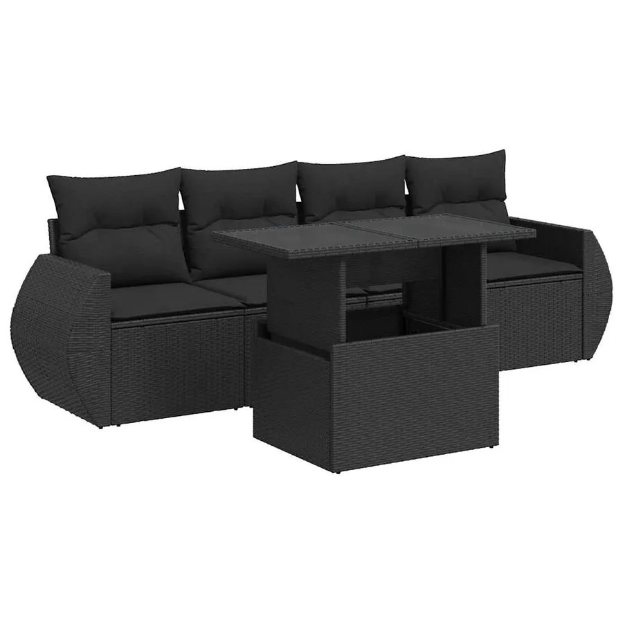 Salon de jardin 5 pcs avec coussins noir résine tressée - 2