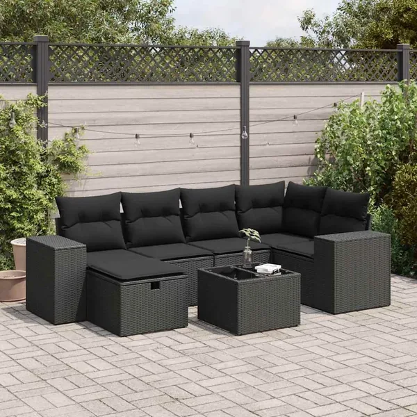 Salon de jardin 7 pcs avec coussins noir résine tressée 93 x 62 x 69 cm - 62,6 kg